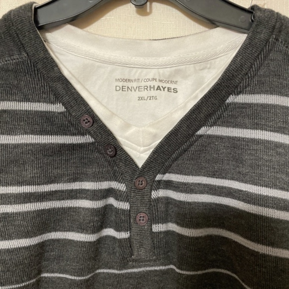 2/$40. Denver Hayes Mens Long Sleeve Henley Shirt Grey Striped Size XXL - Picture 10 of 10